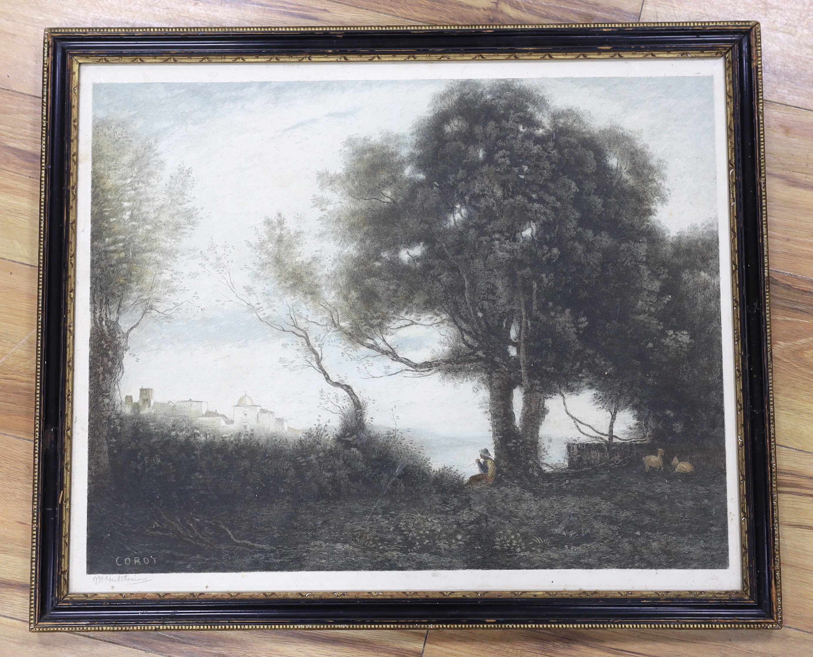 After Jean-Baptiste-Camille Corot (French, 1796-1875), artist proof, colour mezzotint, Seated figure beneath a tree, signed in pencil, Hutchinson, 49 x 60cm